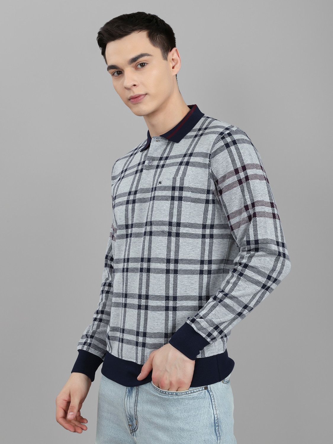 Image of MONTE CARLO Striped Men Polo Neck Grey T-Shirt