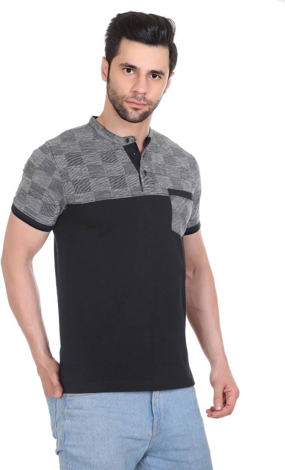 AXMANN Self Design Men Mandarin Collar Black T-Shirt