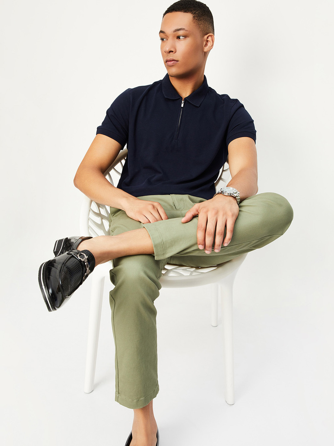 Image of MAX Printed Men Polo Neck Dark Blue T-Shirt