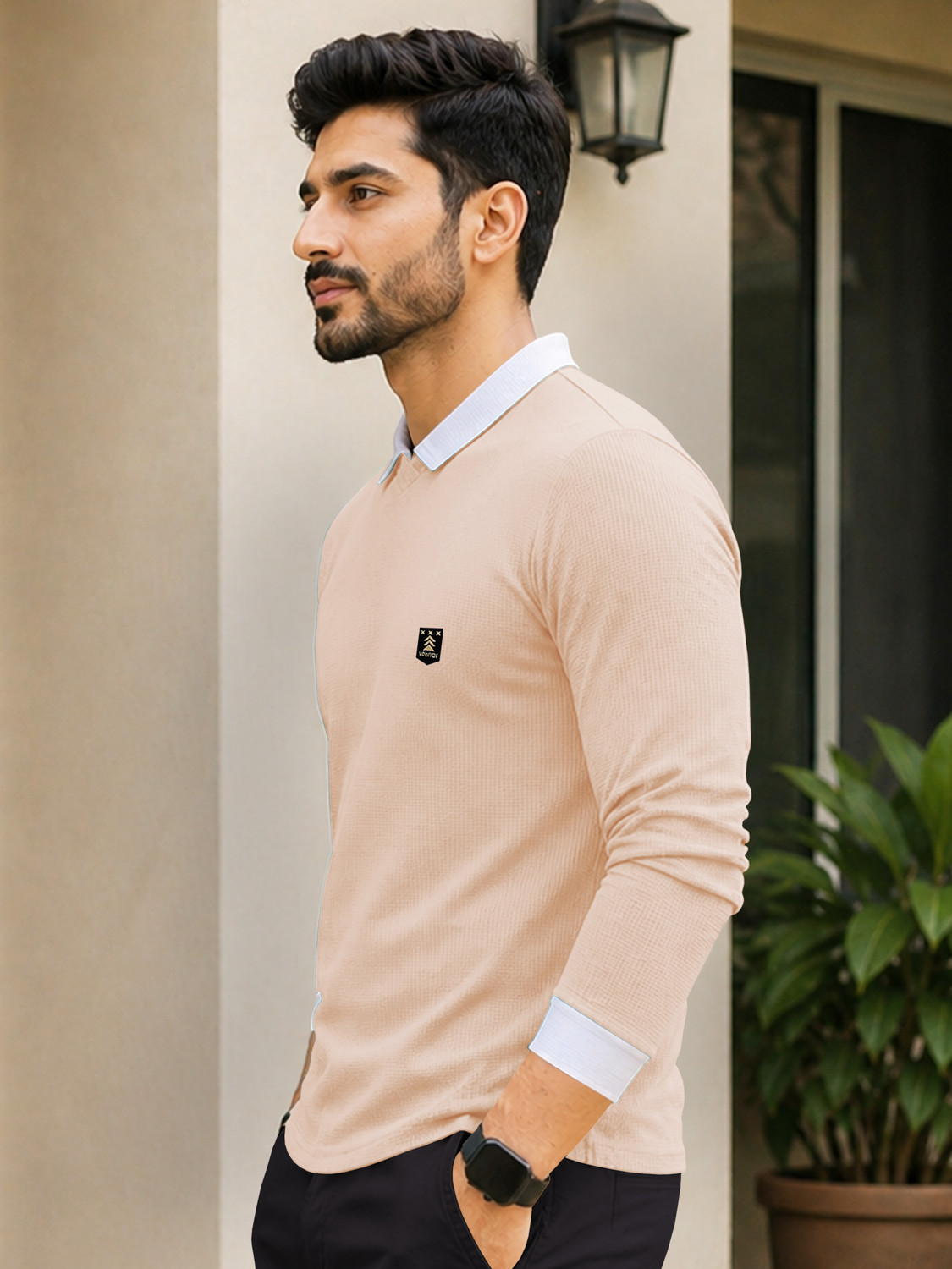 Image of VeBNoR Solid Men Polo Neck Beige T-Shirt