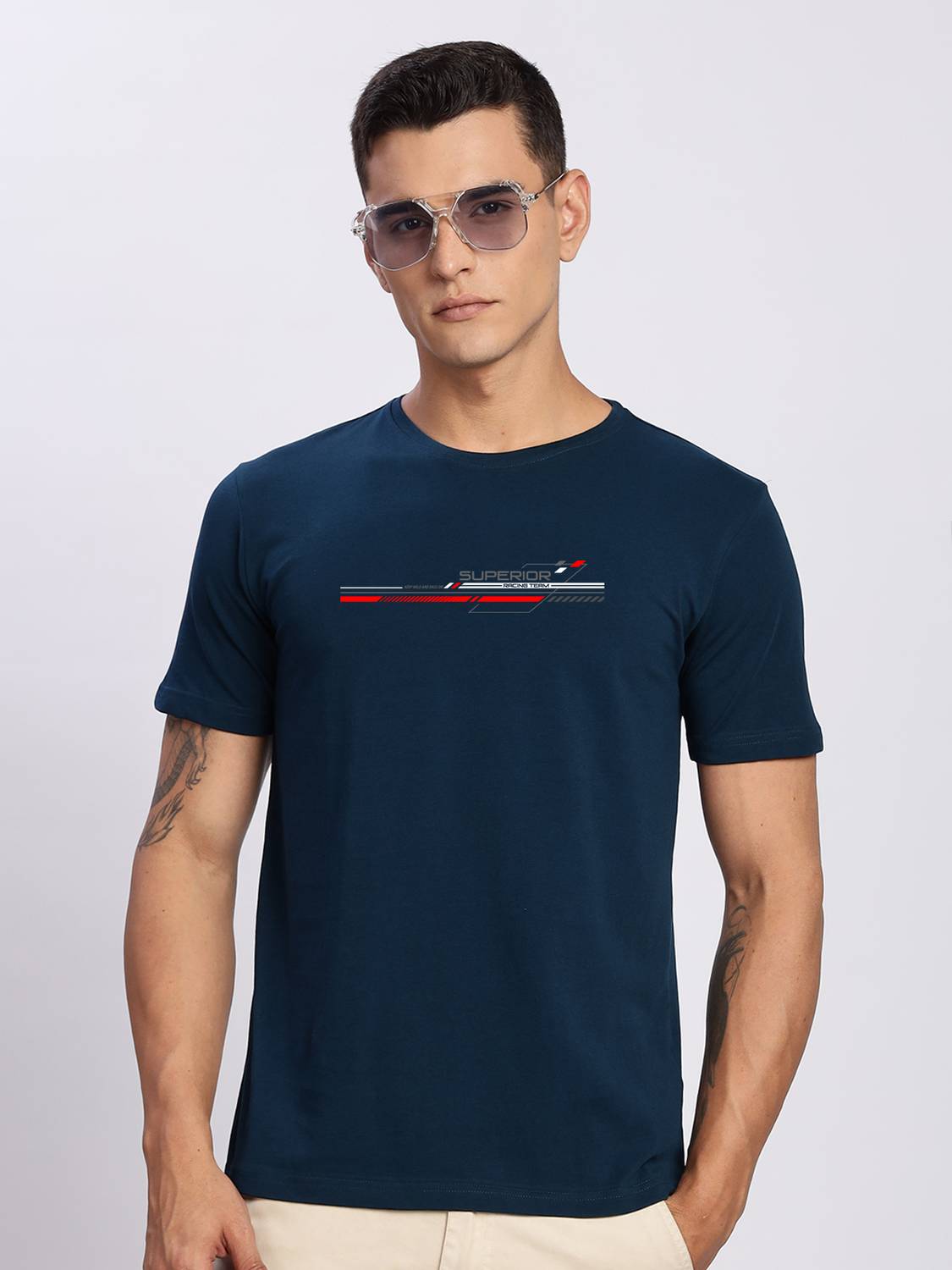ADRO Printed Men Round Neck Dark Blue T-Shirt