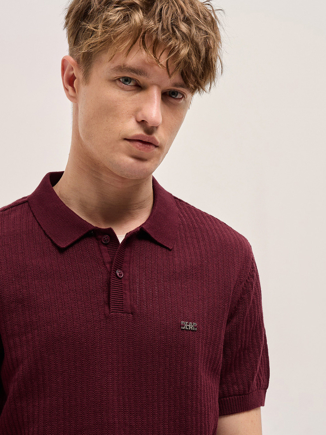 Image of THE BEAR HOUSE Solid Men Polo Neck Maroon T-Shirt