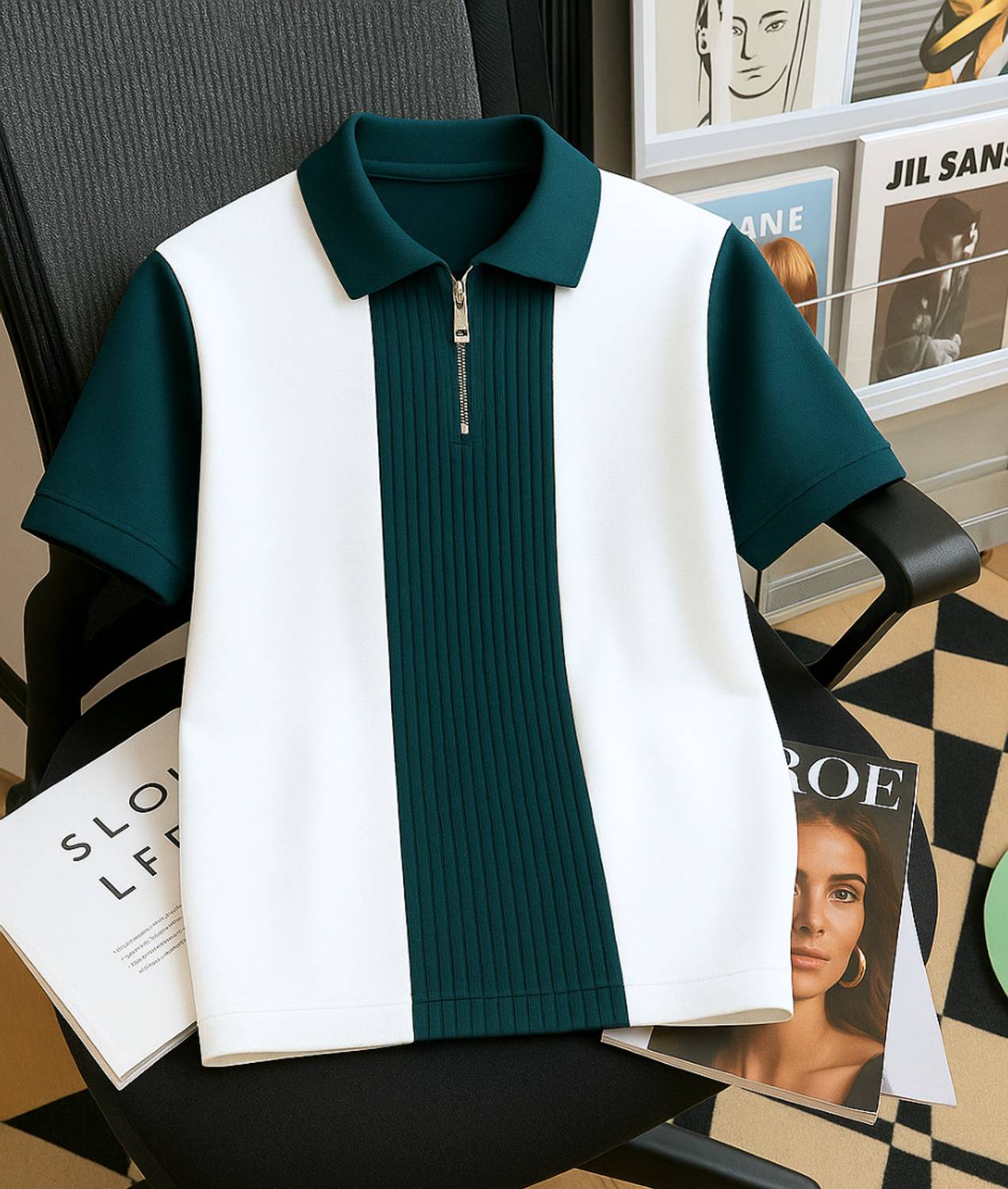 Try This Colorblock Men Polo Neck Dark Green, White T-Shirt