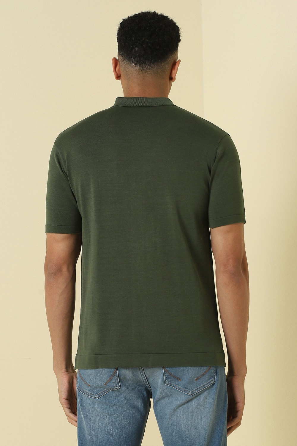 Image of Allen Solly Men Solid Polo Neck Pure Cotton Green T-Shirt