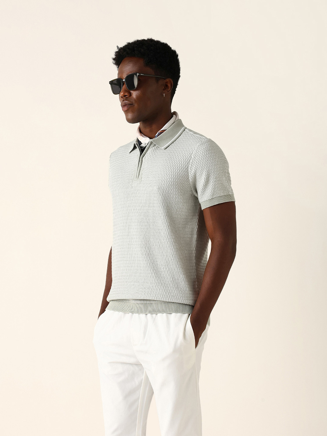 Image of THE BEAR HOUSE Self Design Men Polo Neck Grey T-Shirt