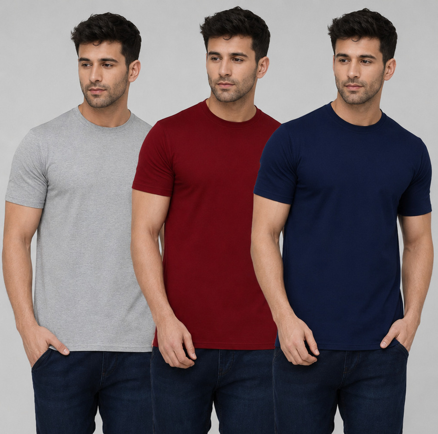 Image of London Hills Solid Men Round Neck Multicolor T-Shirt