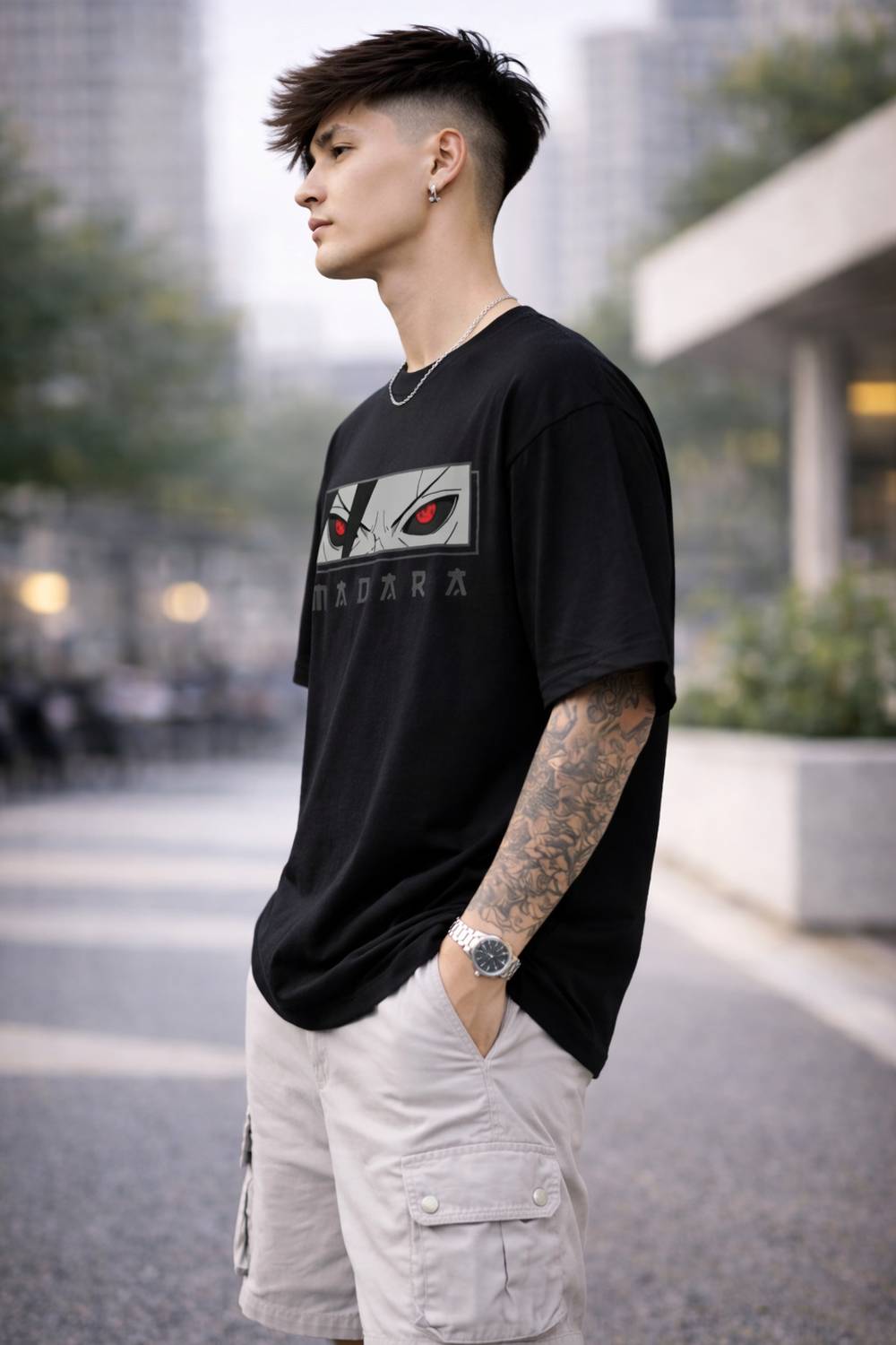 TENRUN Men Black Round Neck T-Shirt - Image 2
