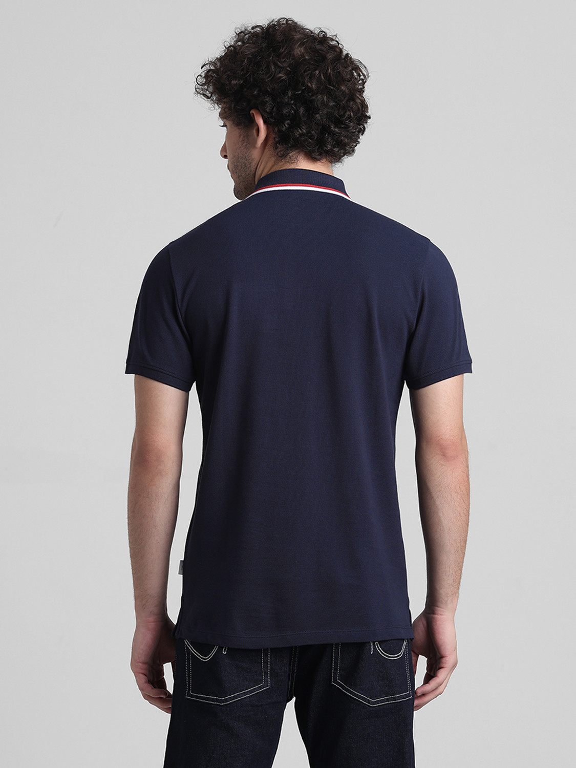Image of JACK & JONES Solid Men Polo Neck Dark Blue T-Shirt