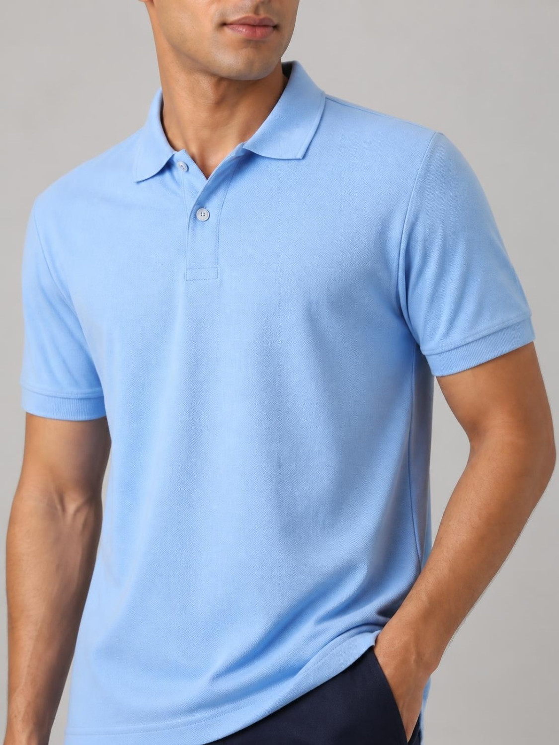 Image of Allen Solly Men Solid Polo Neck Cotton Blend Light Blue T-Shirt