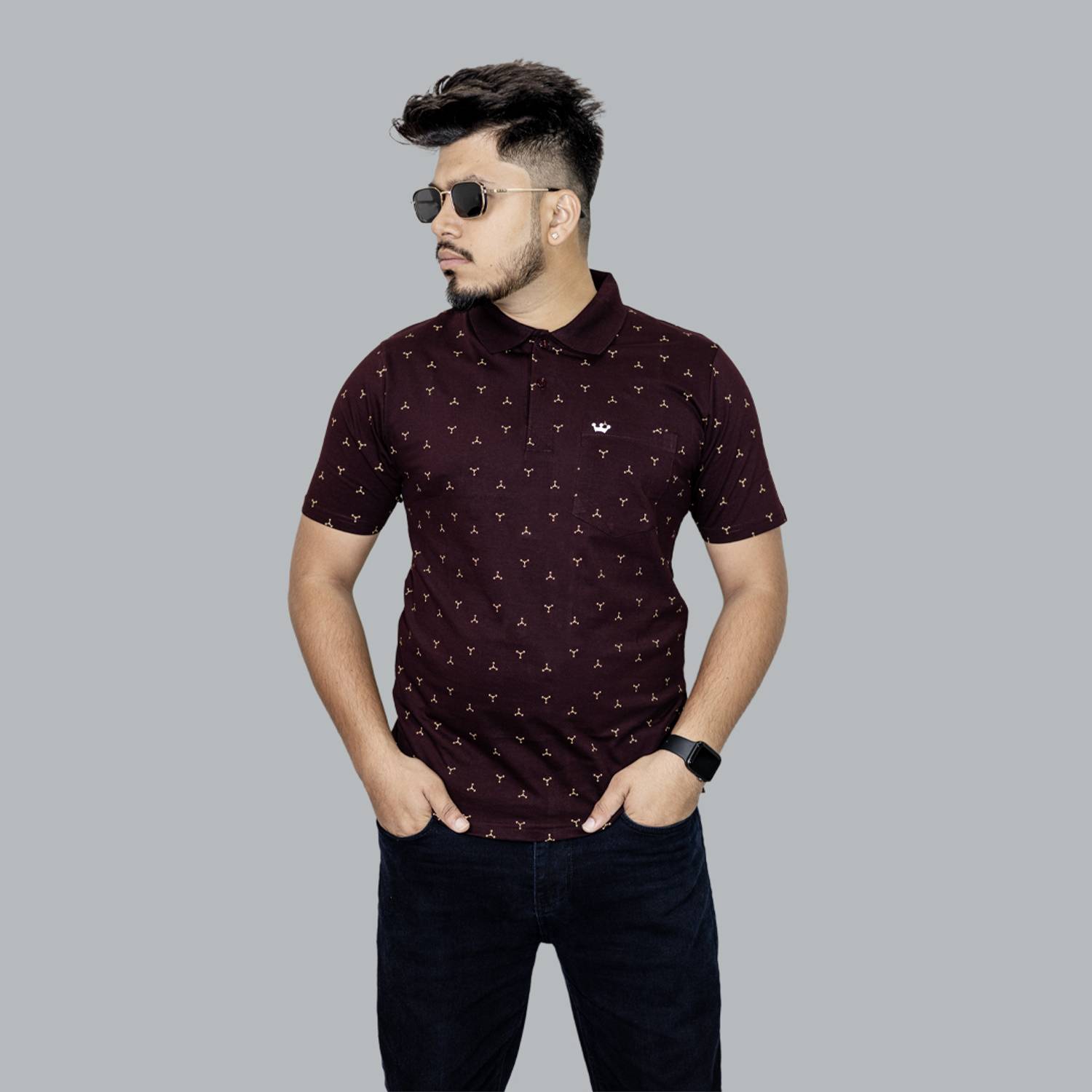 Onestar Men Printed Polo Neck Cotton Blend Purple T-Shirt