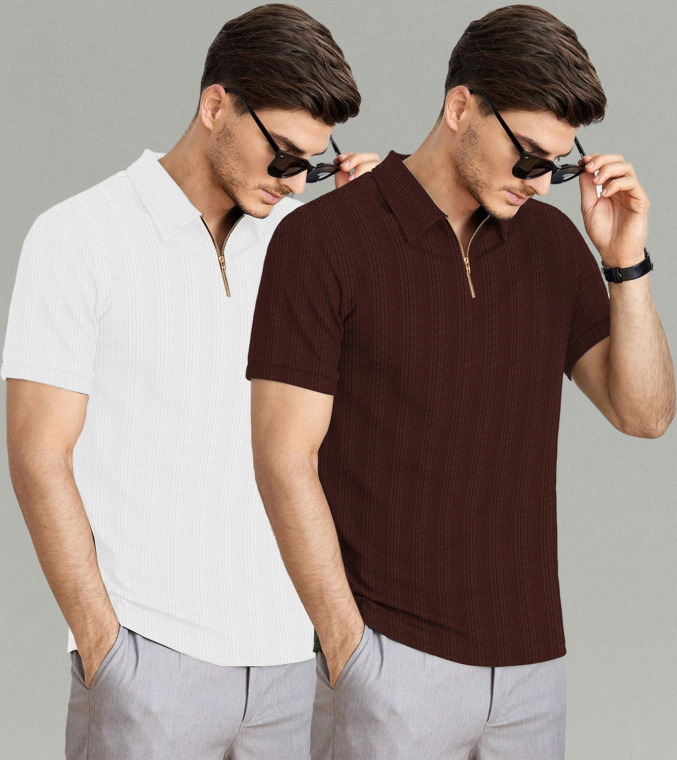 Image of KAJARU Self Design Men Zip Neck Brown, White T-Shirt