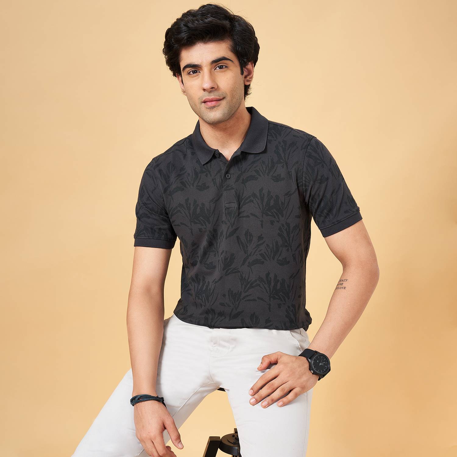Byford by Pantaloons Printed Men Polo Neck Grey T-Shirt