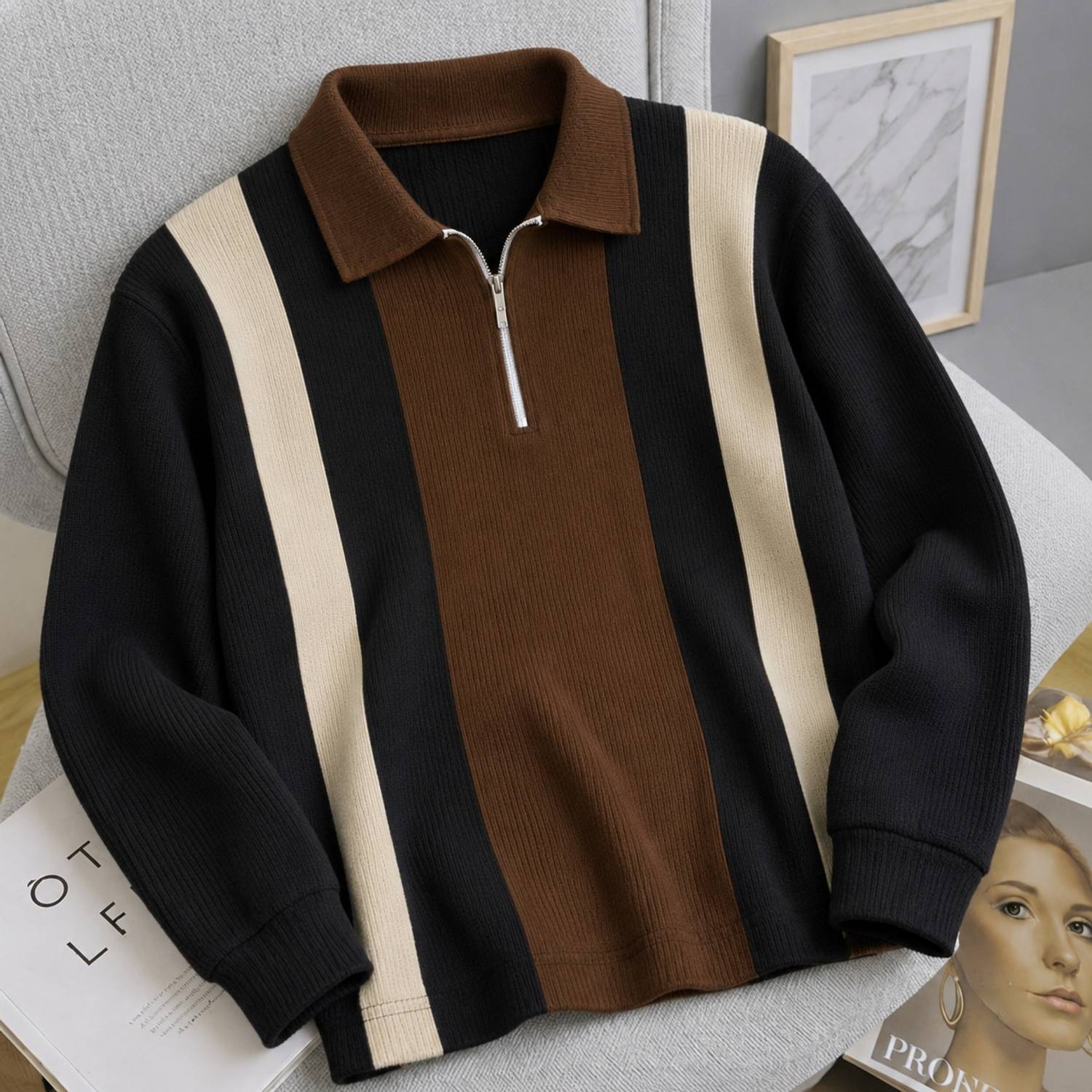 Try Striped Men Zip Neck Beige T-Shirt - Image 1