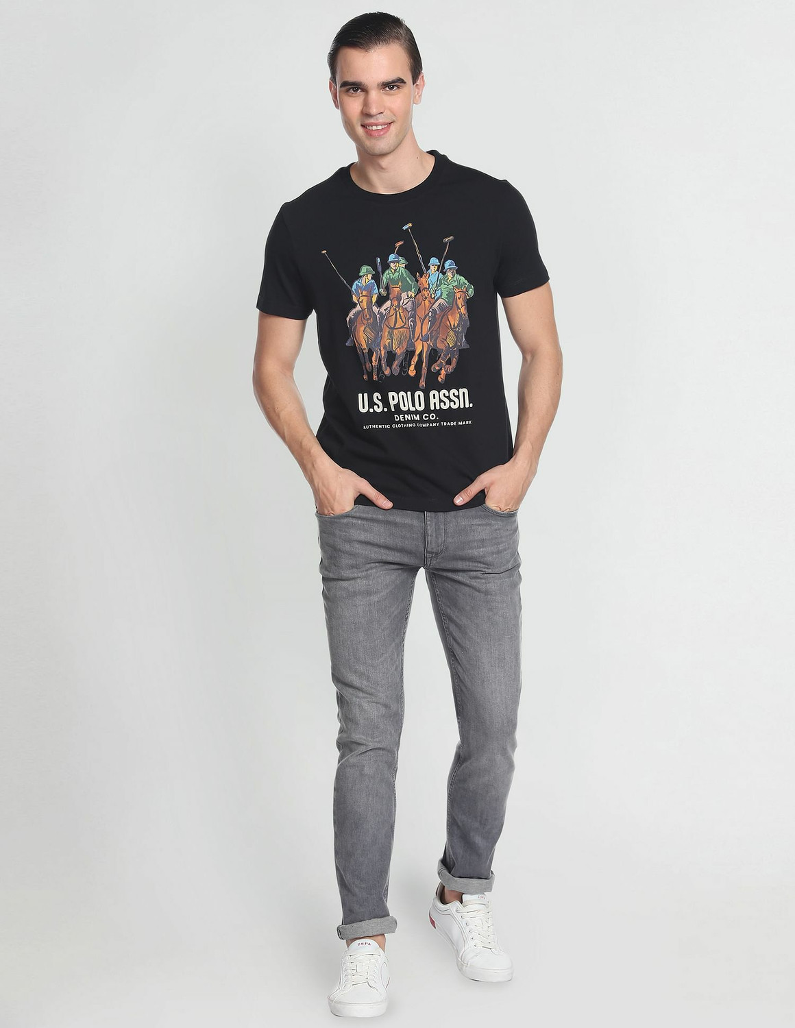 Image of U.S. POLO ASSN. Printed, Typography Men Round Neck Black T-Shirt