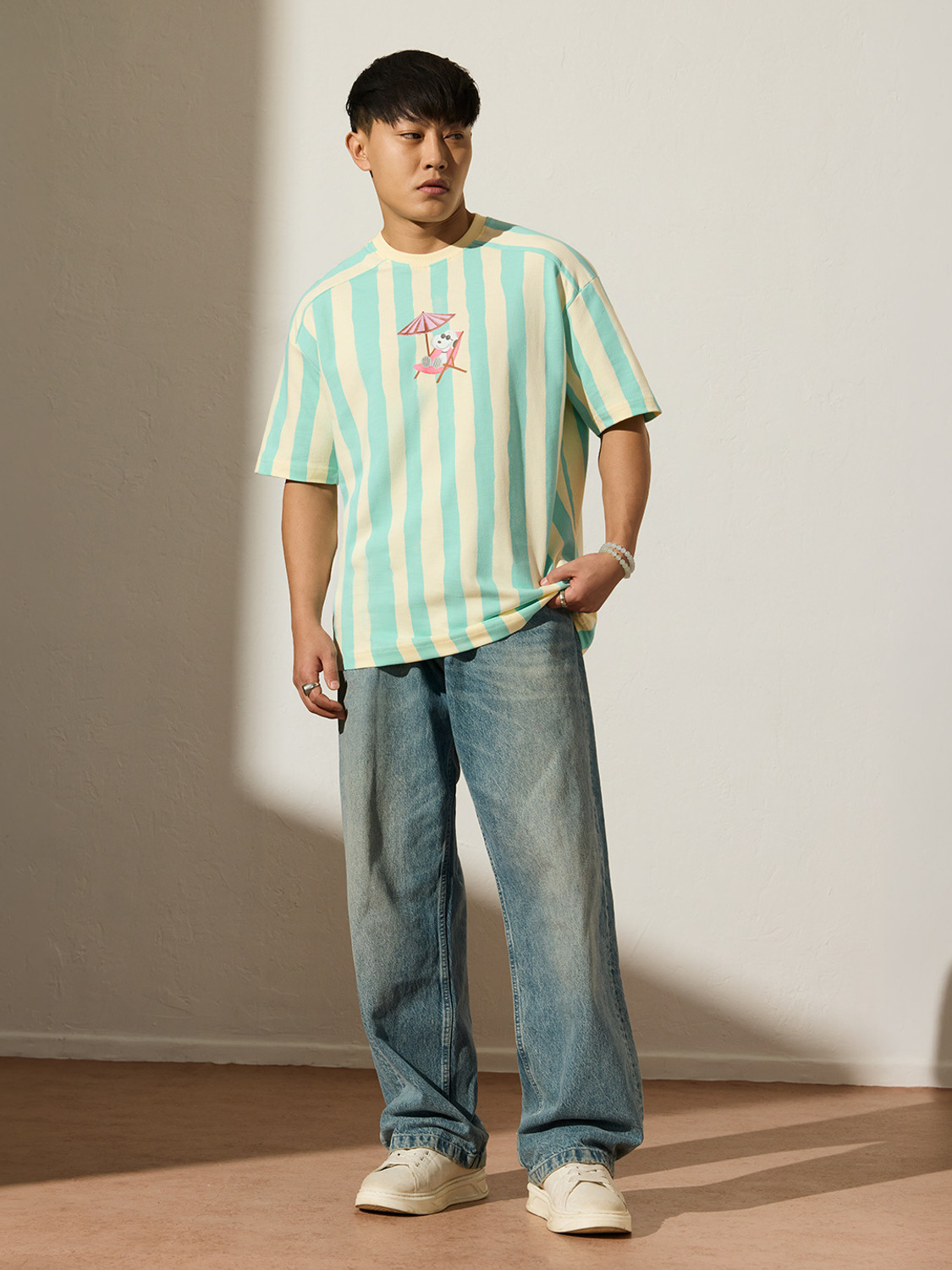 Image of The Souled Store Striped Men Round Neck Light Green T-Shirt