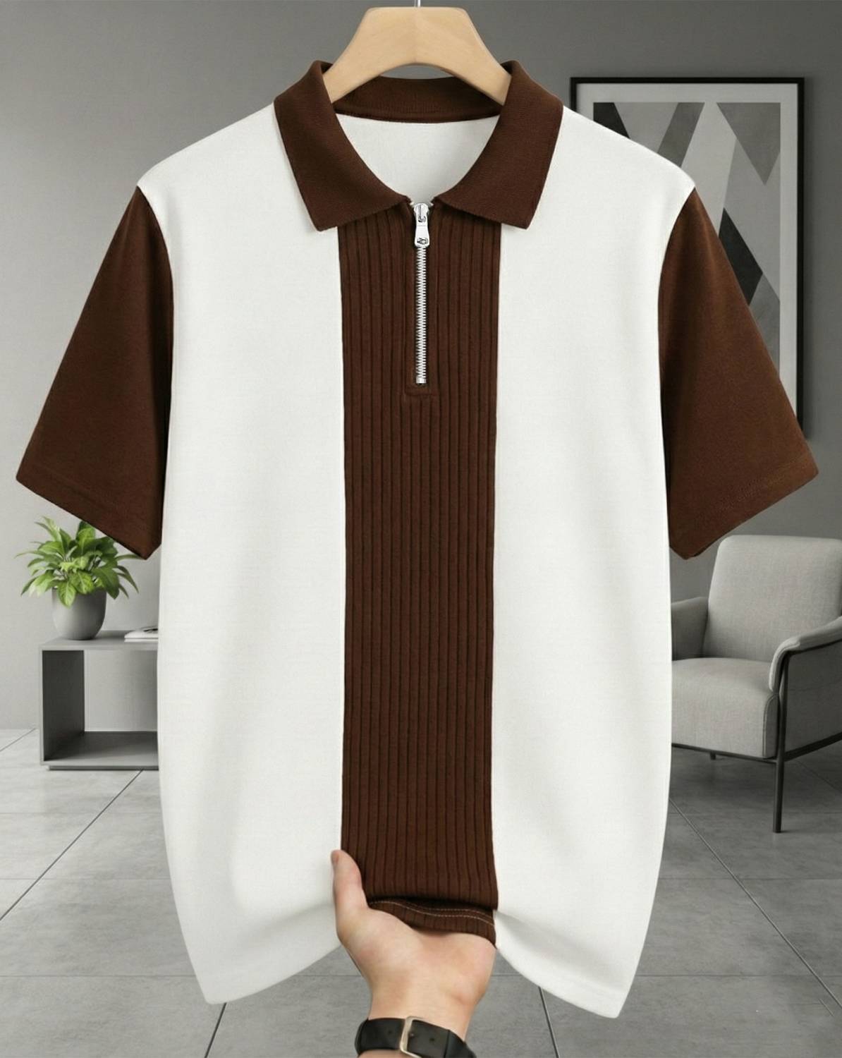 AOOSH Colorblock Men Polo Neck White, Brown T-Shirt