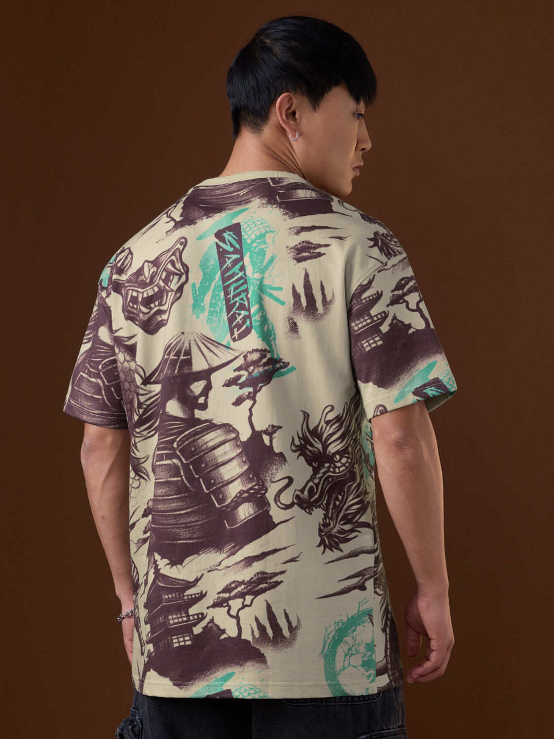 Image of The Souled Store Graphic Print Men Round Neck Beige T-Shirt
