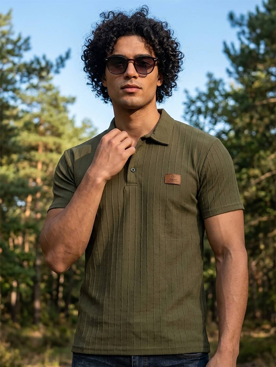 Solstice Men Self Design Polo Neck Elastane Dark Green T-Shirt