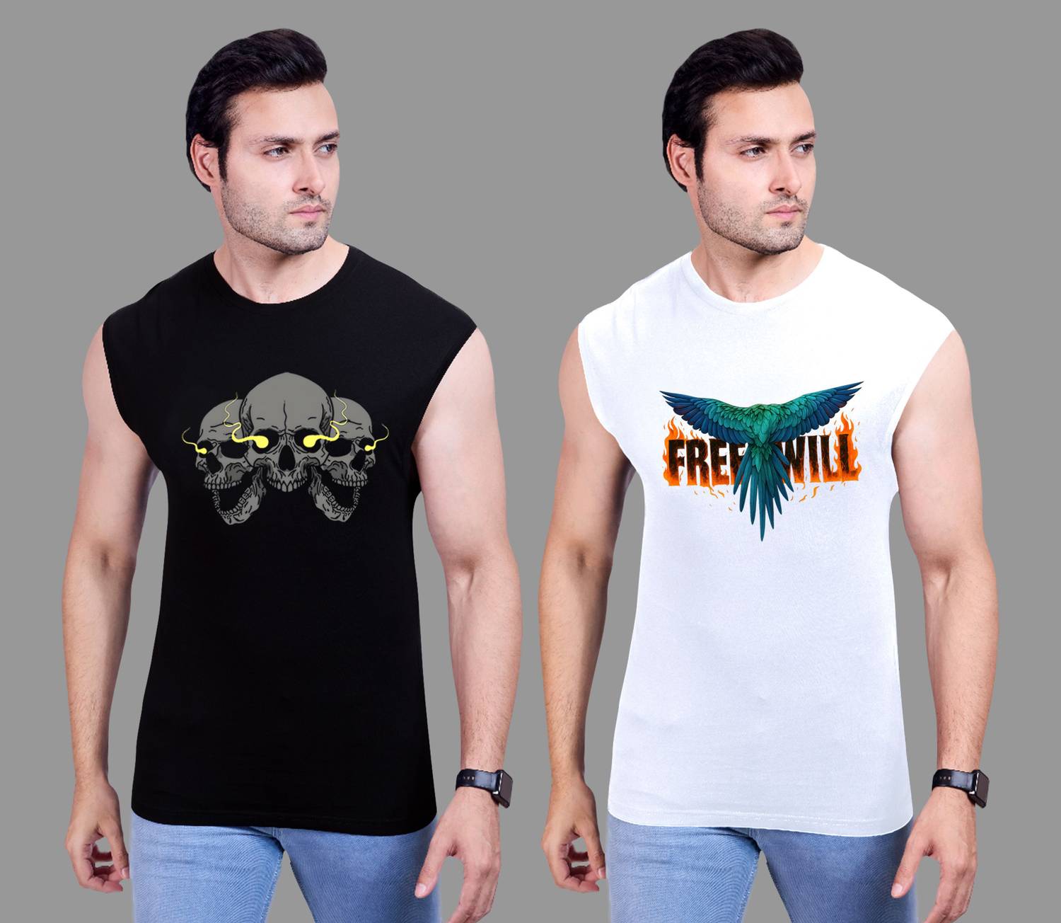 I&D Pack of 2 Men Graphic Print Round Neck Pure Cotton Black, Whi
