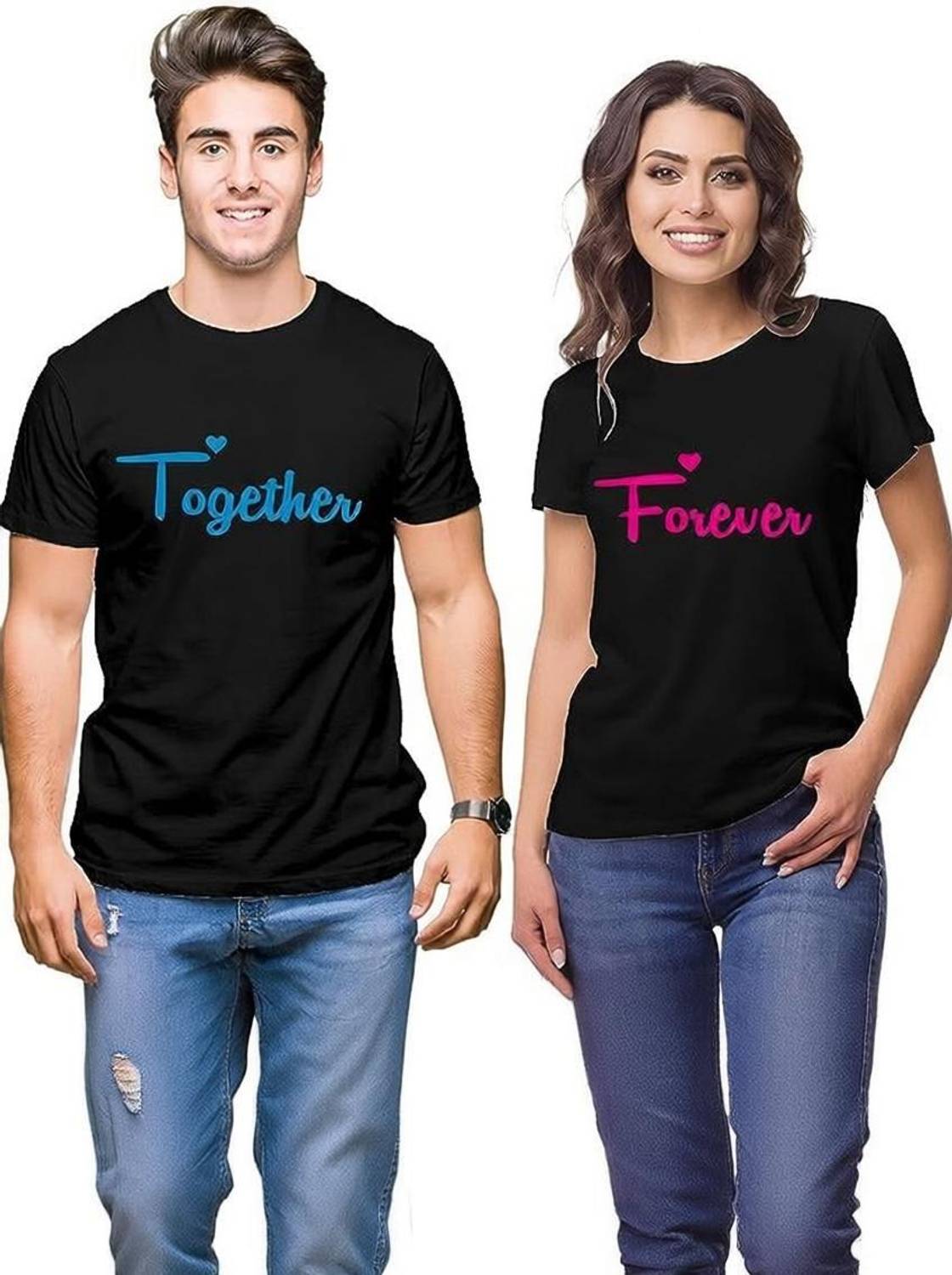 GOGGIAN Graphic Print Couple Round Neck Black T-Shirt