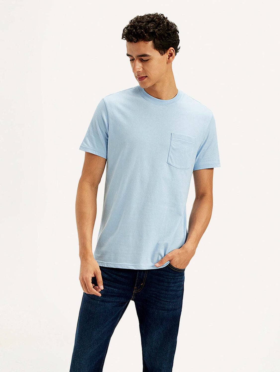 LEVI'S Men Solid Round Neck Pure Cotton Light Blue T-Shirt