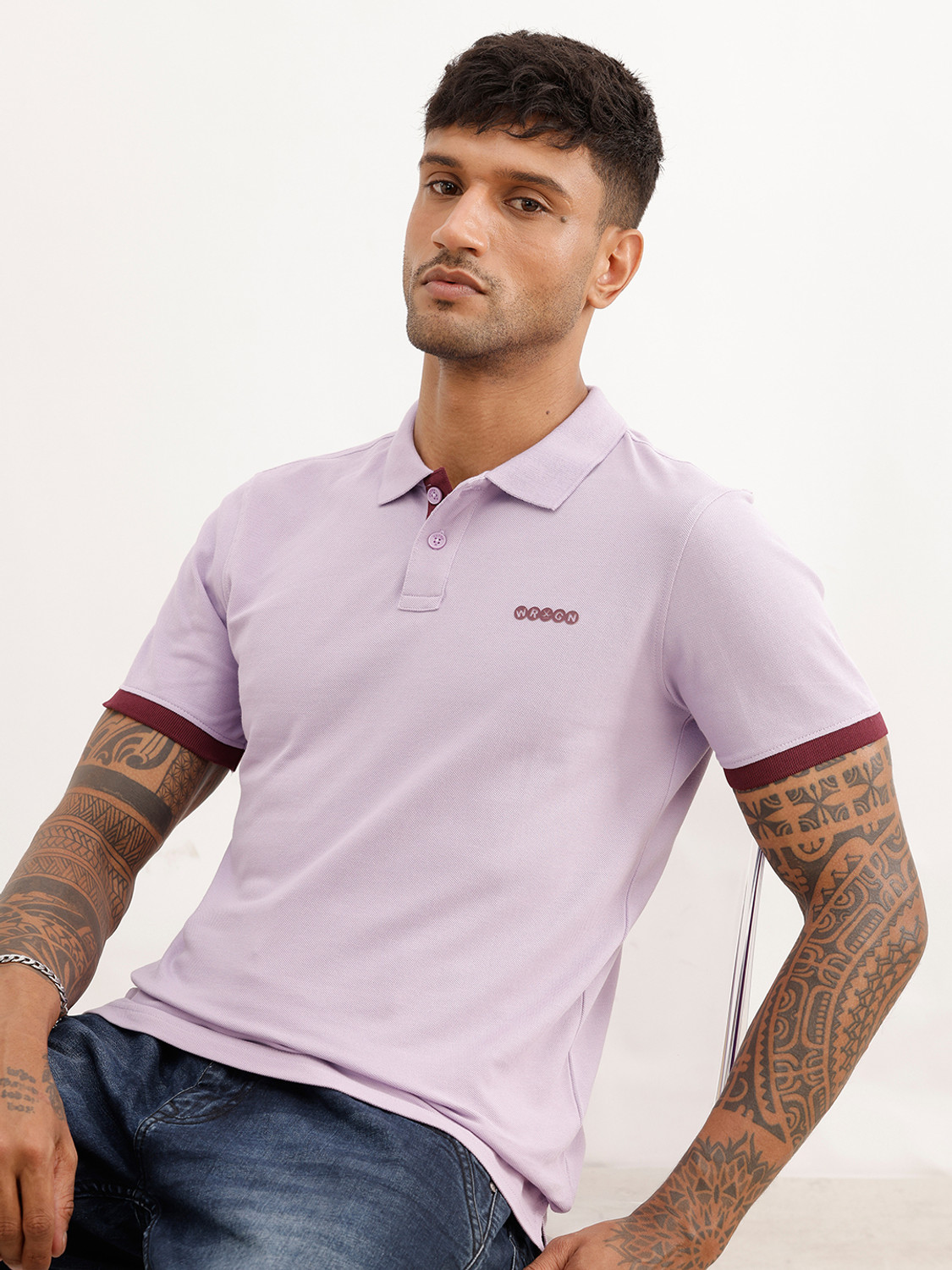 Image of WROGN Men Solid Polo Neck Pure Cotton Purple T-Shirt