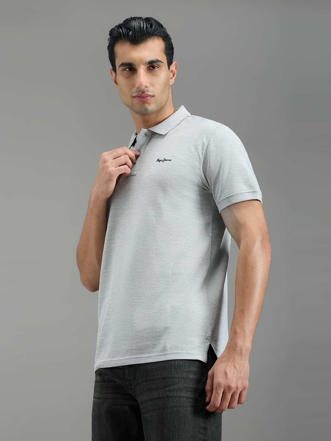Image of Pepe Jeans Self Design Men Polo Neck Grey T-Shirt