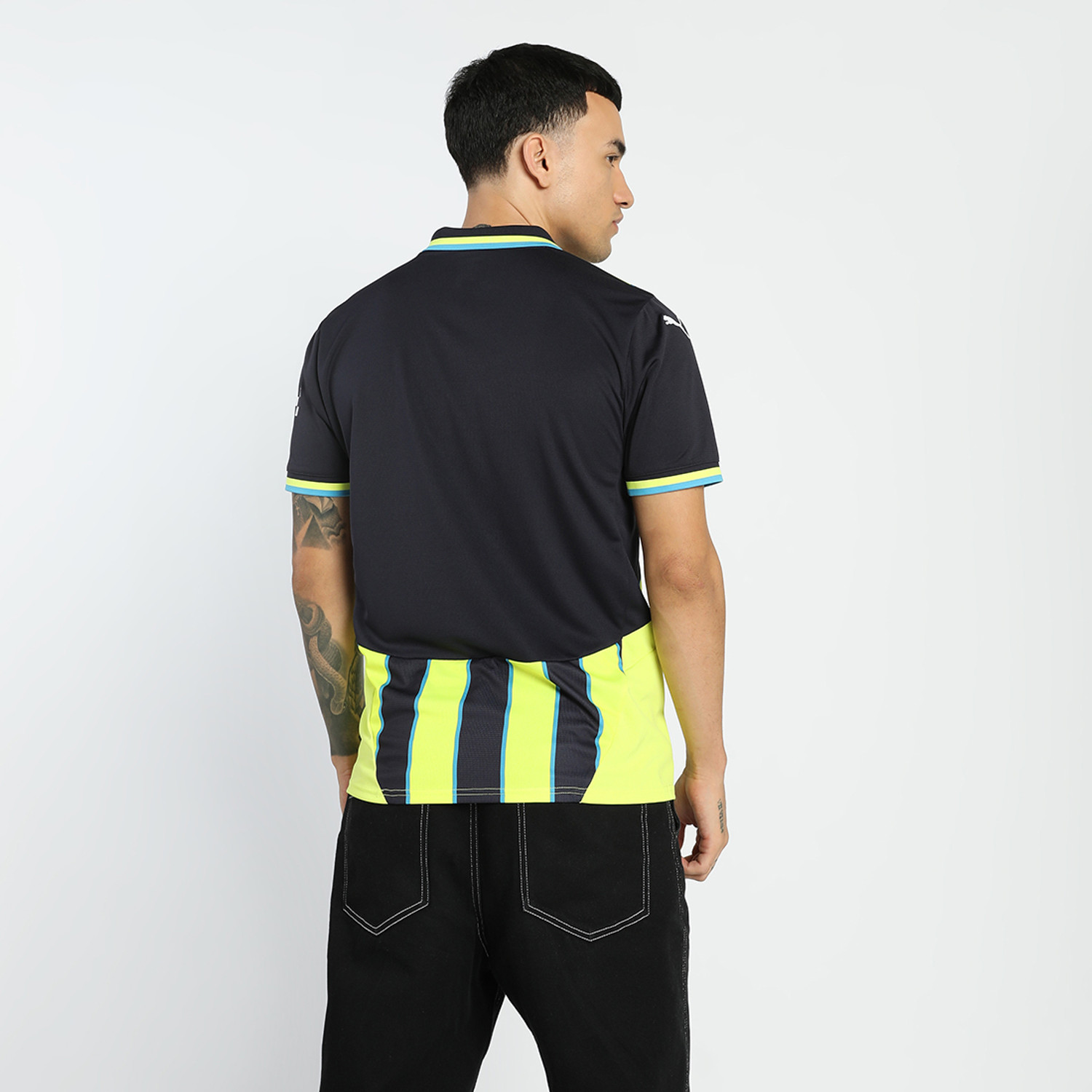 Image of PUMA Striped Men Polo Neck Blue T-Shirt