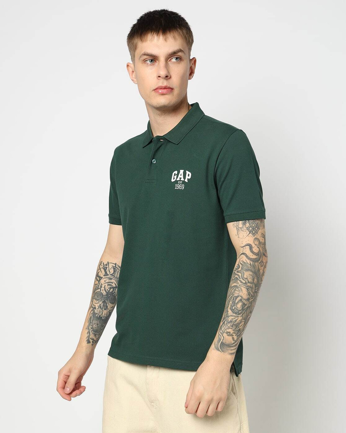 GAP Printed Men Polo Neck Dark Green T-Shirt