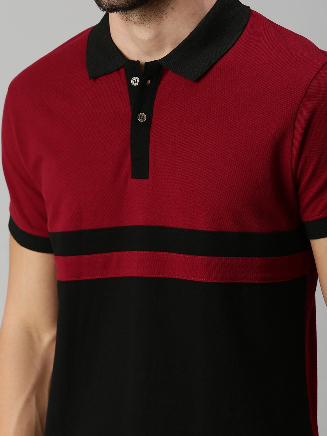 Image of Veirdo Striped Men Polo Neck Maroon T-Shirt
