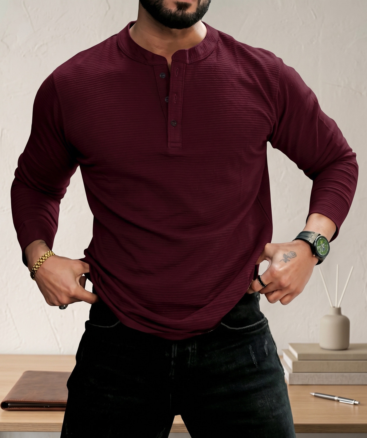 Image of Rufica Self Design Men Mandarin Collar Multicolor T-Shirt