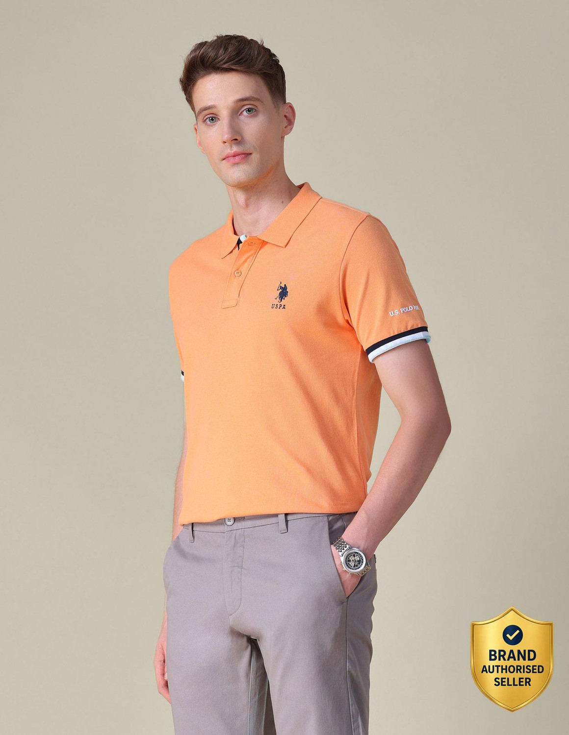 Image of U.S. POLO ASSN. Solid Men Polo Neck Orange T-Shirt