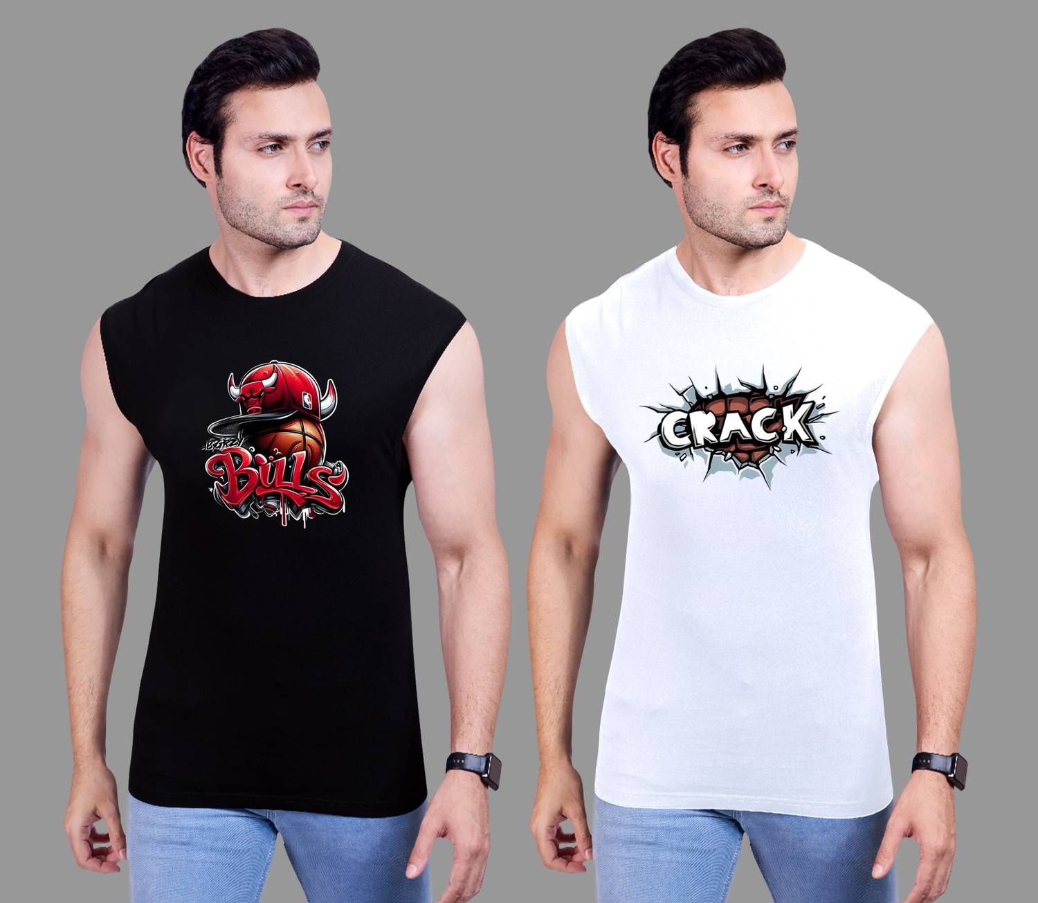 I&D Pack of 2 Men Graphic Print Round Neck Pure Cotton Multicolor