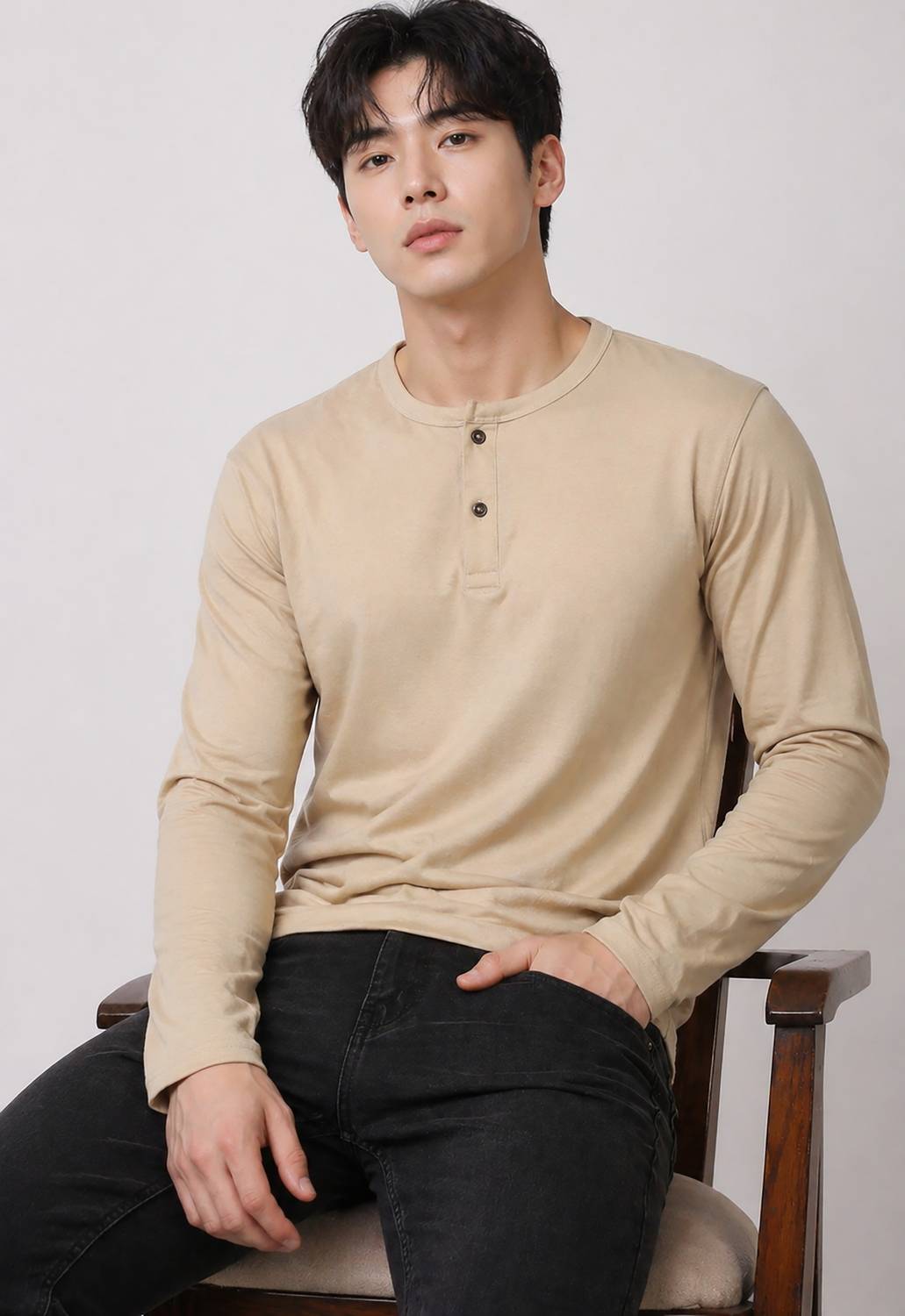 Creation London Hills Men Beige Henley Neck T-Shirt - Image 3