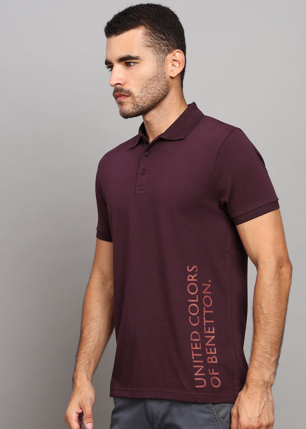 Image of United Colors of Benetton Printed Men Polo Neck Maroon T-Shirt