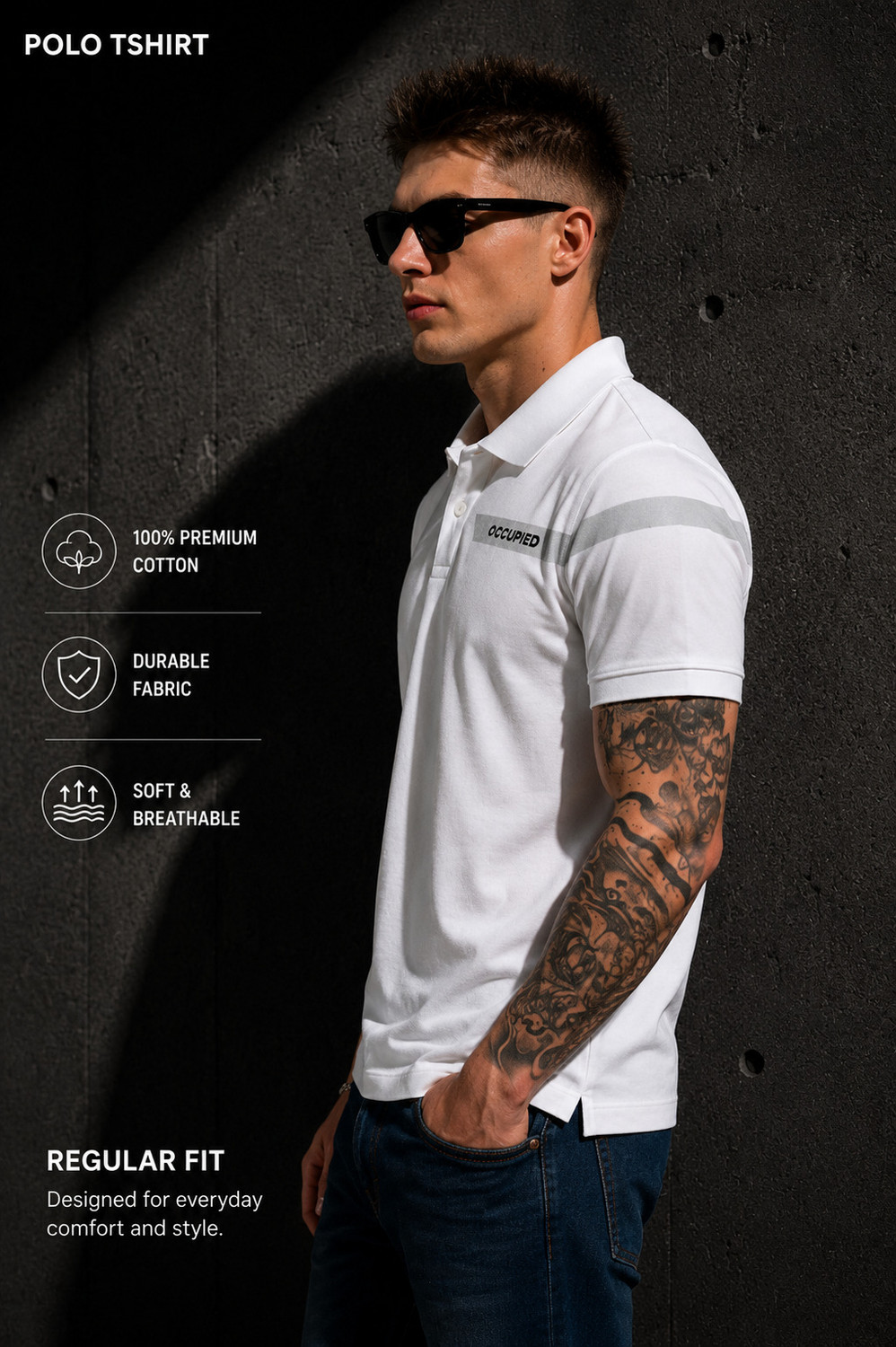 Image of Occupied Clothing Co. Men Solid Polo Neck Cotton Blend White T-Shirt