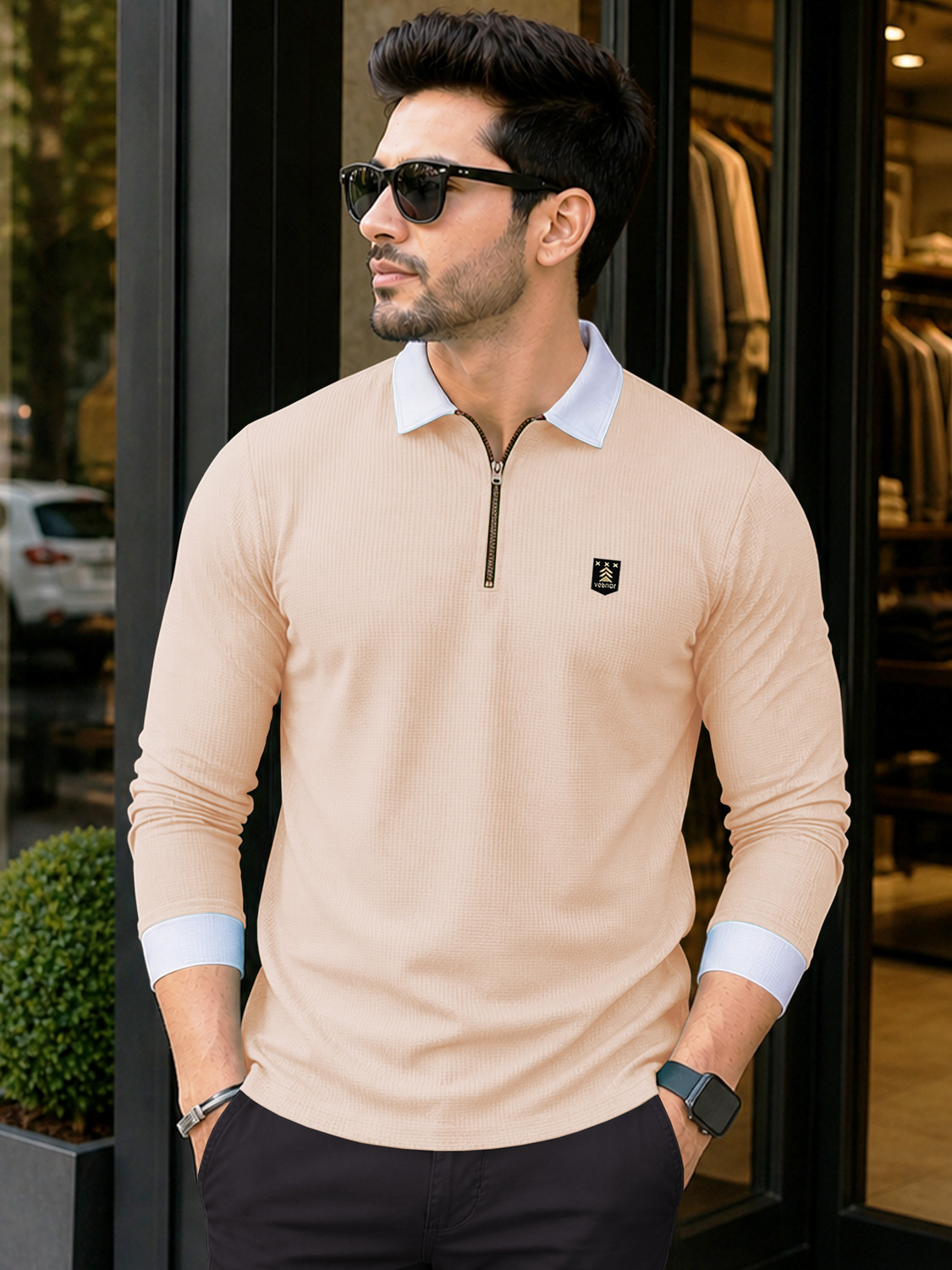 Image of VeBNoR Colorblock Men Zip Neck Beige T-Shirt
