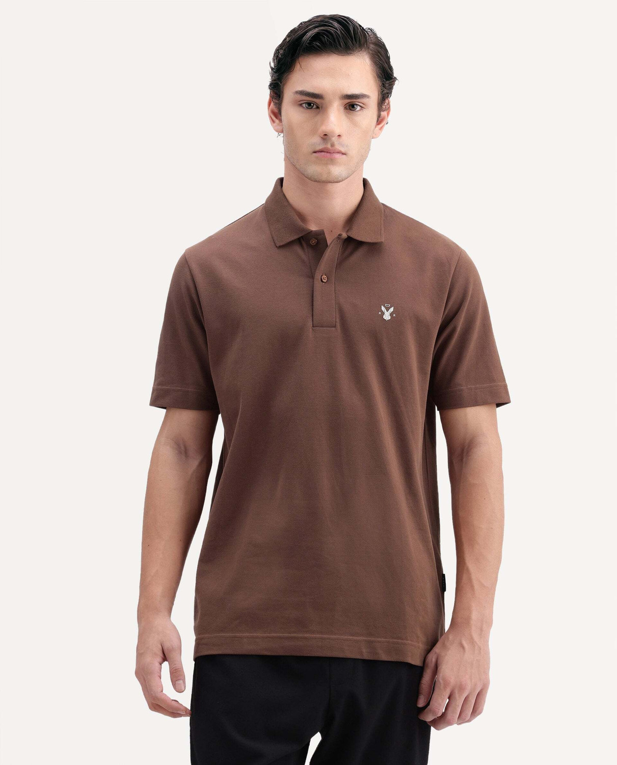 Image of RARE RABBIT Solid Men Polo Neck Brown T-Shirt