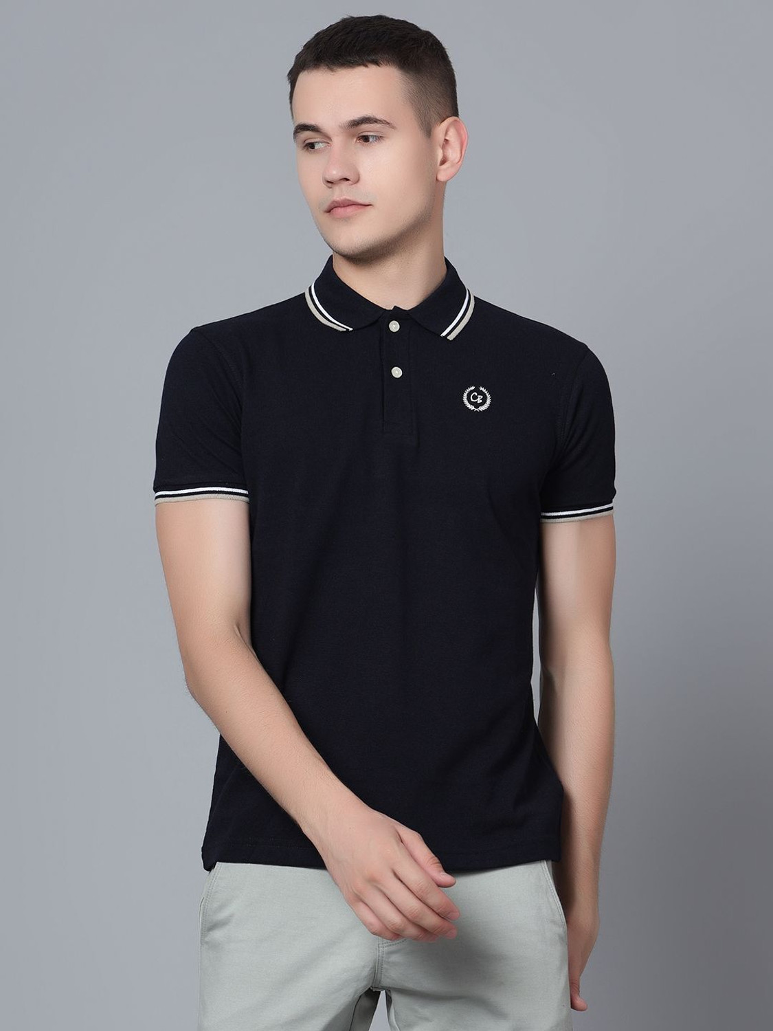Image of CANTABIL Solid Men Polo Neck Navy Blue T-Shirt