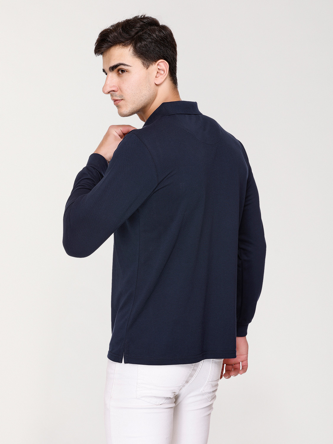 Image of ARRAY Solid Men Polo Neck Navy Blue T-Shirt