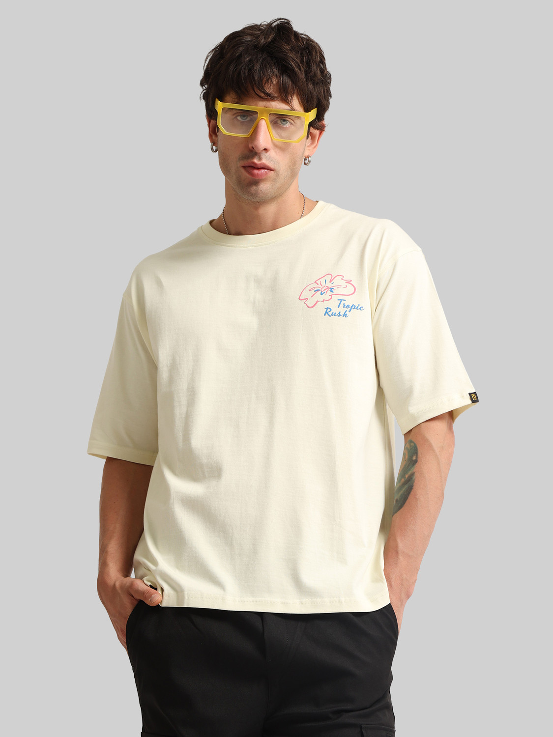 Image of MANIAC Men Printed Round Neck Cotton Blend White T-Shirt