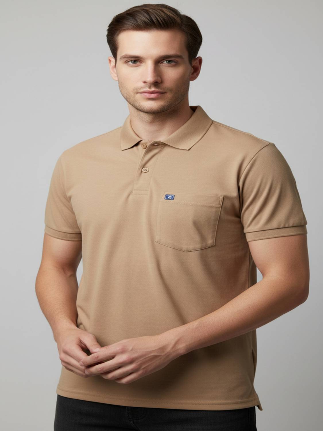 BADOS Solid Men Polo Neck Beige T-Shirt