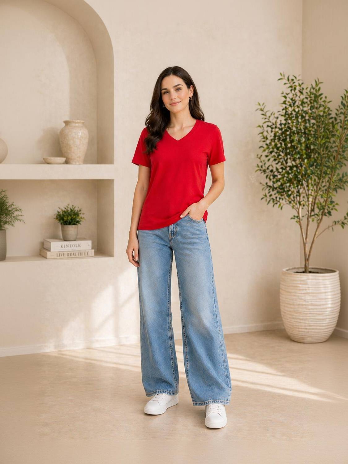 Adyavastram Solid Women V Neck Red T-Shirt