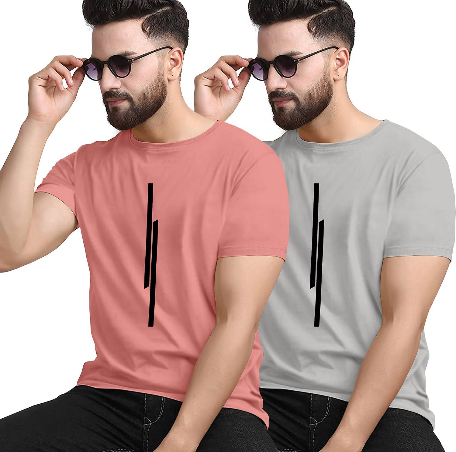 KAJARU Pack of 2 Men Striped Round Neck Polyester Pink, Grey T-Sh
