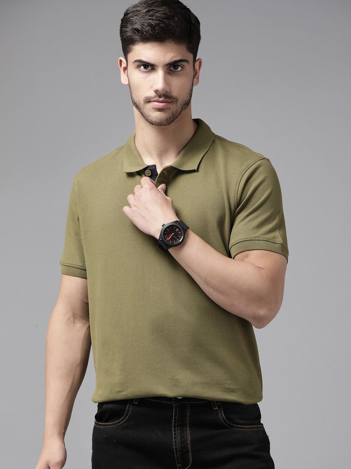 Image of Roadster Solid Men Polo Neck Green T-Shirt