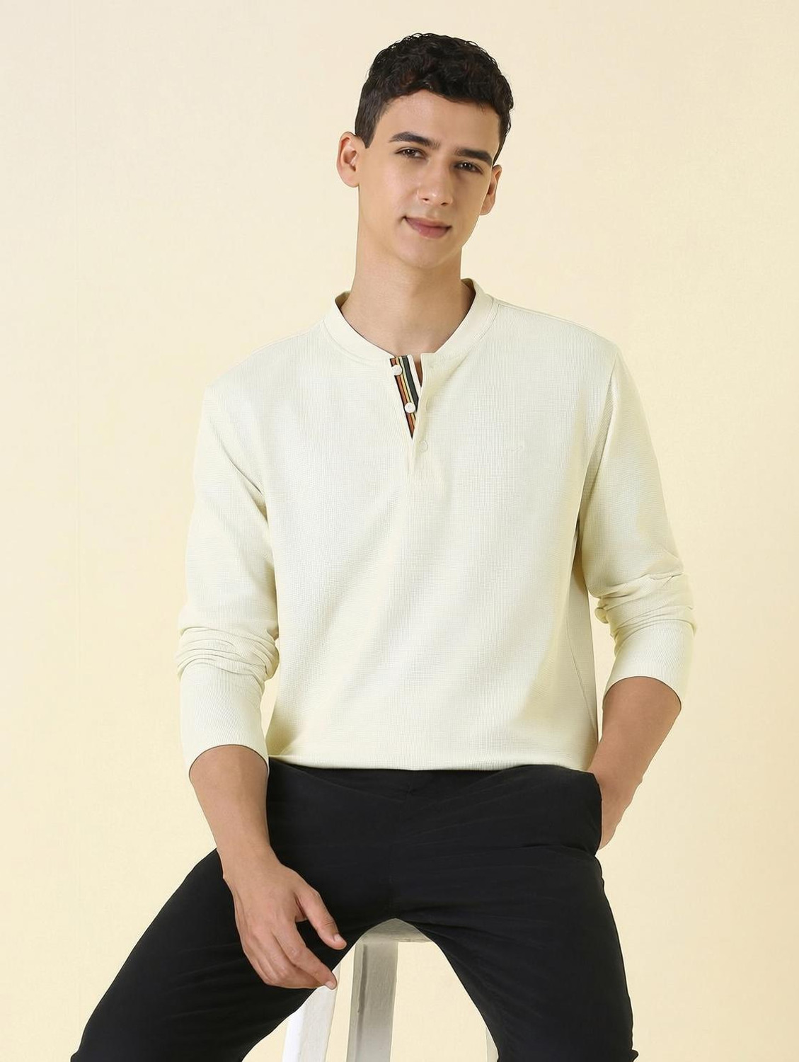 Image of Allen Solly Solid Men Henley Neck Beige T-Shirt