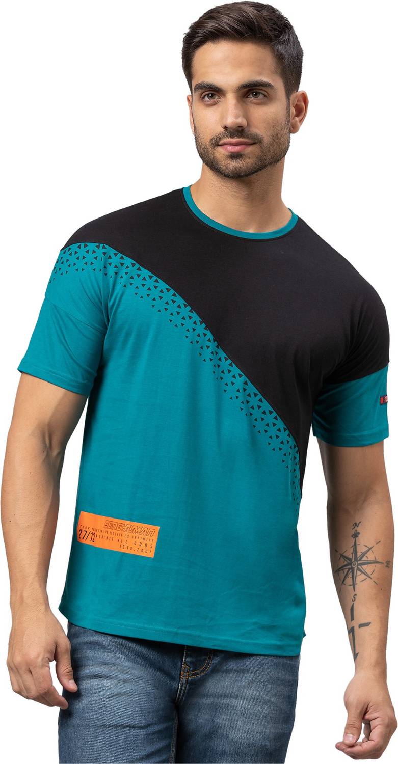 BEING HUMAN Colorblock Men Round Neck Dark Green, Black T-Shirt