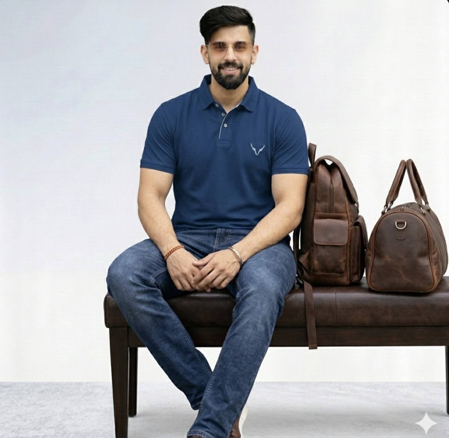 AVRIE Self Design Men Polo Neck Navy Blue T-Shirt