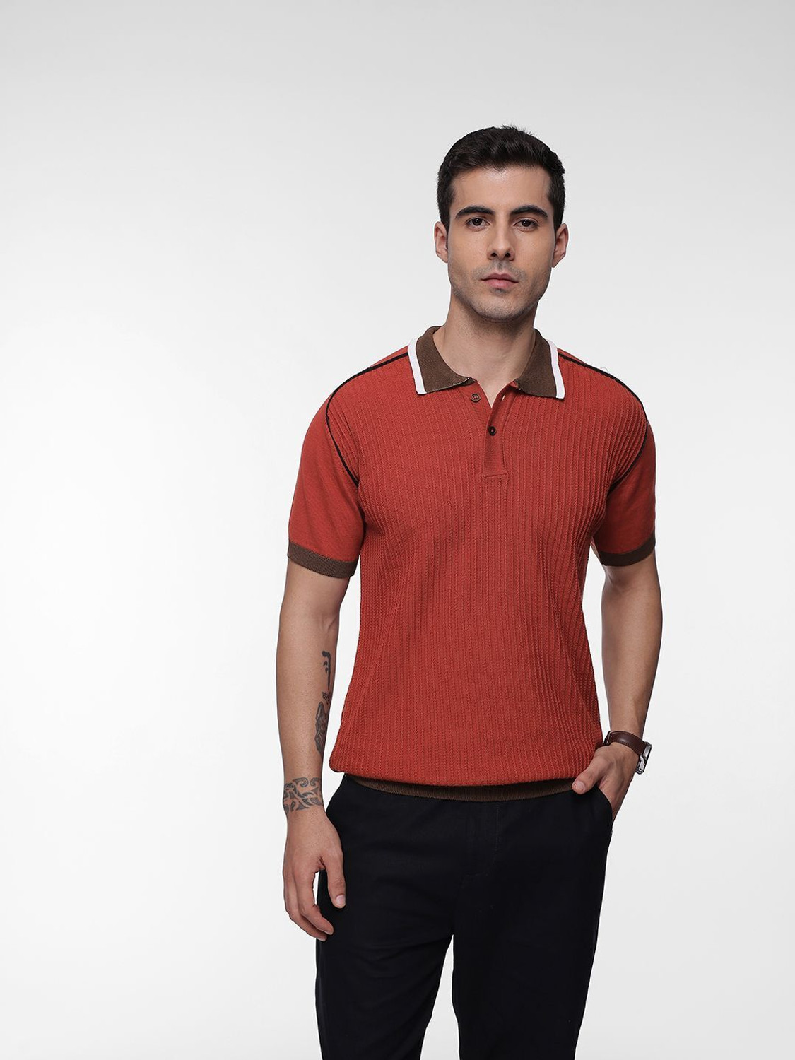 Image of French Connection Self Design Men Polo Neck Red T-Shirt
