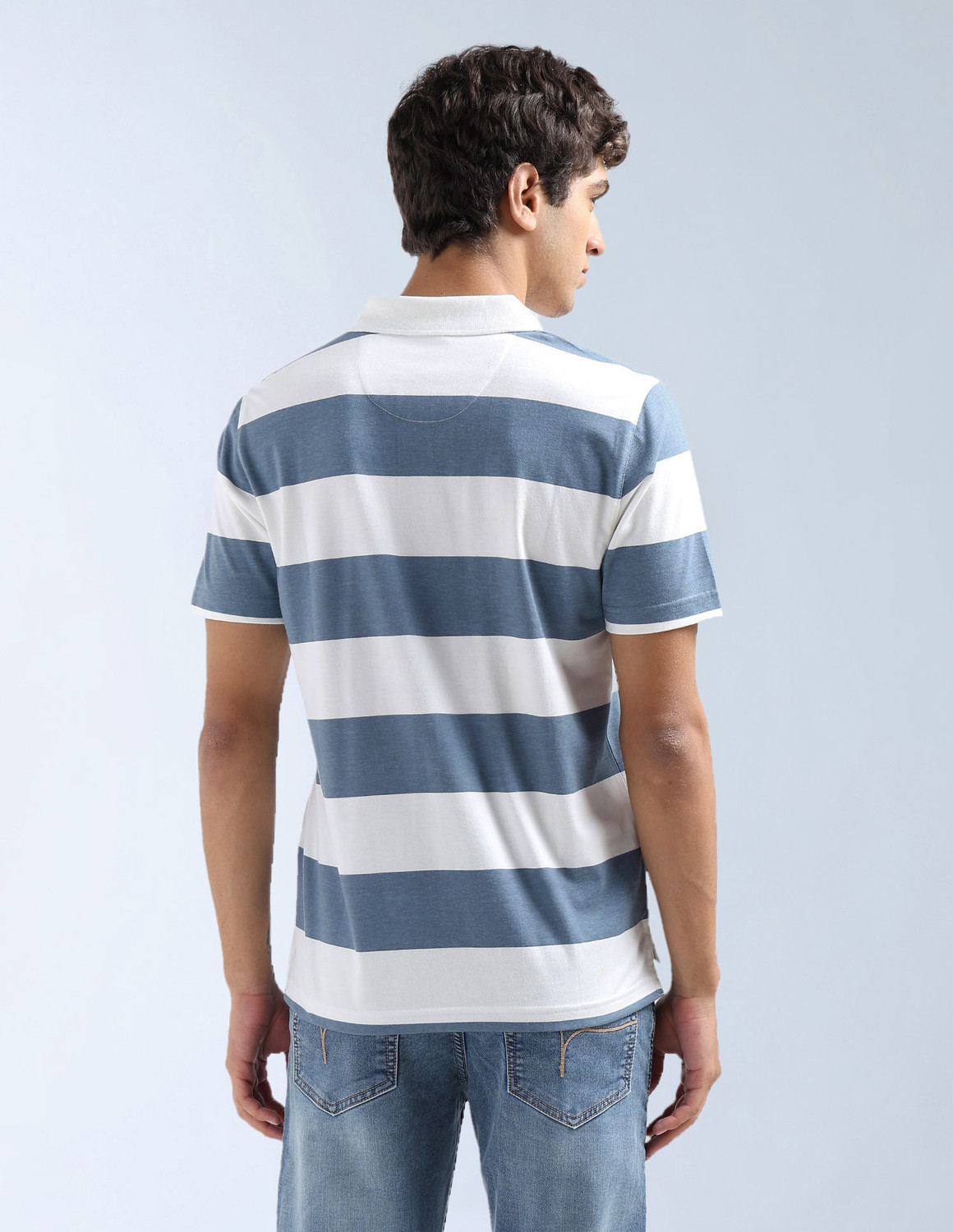 Image of FLYING MACHINE Striped Men Polo Neck Blue T-Shirt